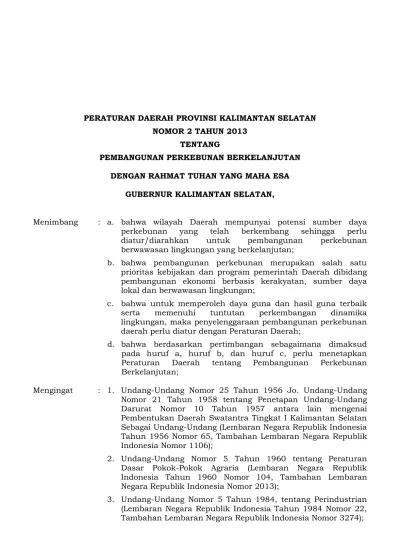 Peraturan Daerah Provinsi Kalimantan Selatan Nomor Tahun Tentang