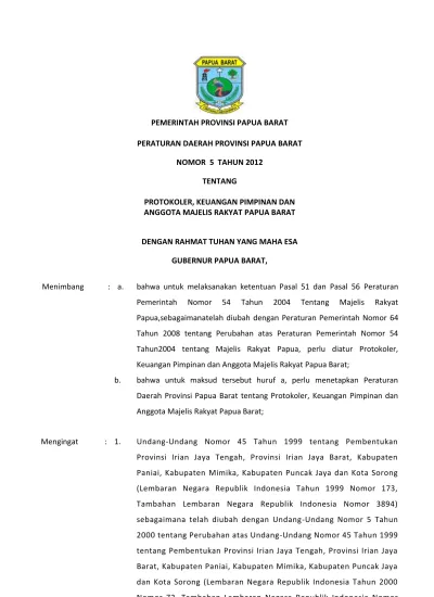 Pemerintah Provinsi Papua Barat Peraturan Daerah Provinsi Papua Barat