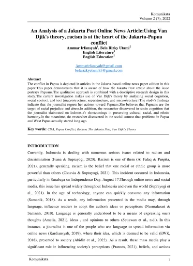 An Analysis Of A Jakarta Post Online News Article Using Van Djik S