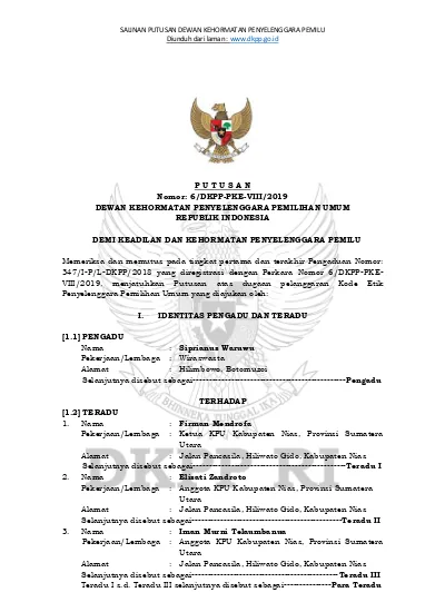 P U T U S A N Nomor 6 DKPP PKE VIII 2019 DEWAN KEHORMATAN