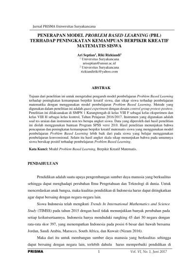 PENERAPAN MODEL PROBLEM BASED LEARNING PBL TERHADAP PENINGKATAN