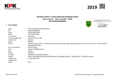 Ikhtisar Lhkpn A N Dewi Andayani Perangin Angin Jenis Laporan Tahun