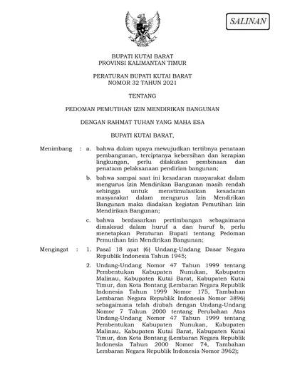 Bupati Kutai Barat Provinsi Kalimantan Timur Peraturan Bupati Kutai