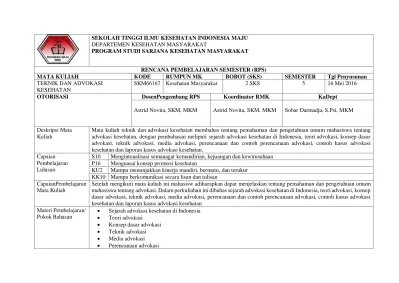 RENCANA PEMBELAJARAN SEMESTER RPS MATA KULIAH KODE RUMPUN MK BOBOT