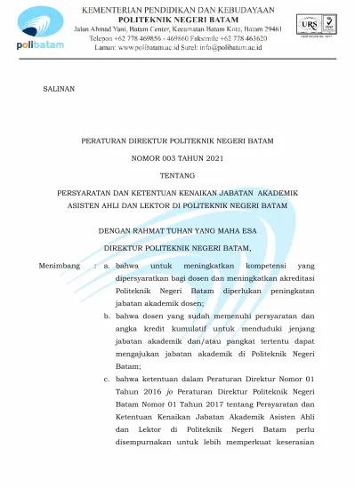 PERATURAN DIREKTUR POLITEKNIK NEGERI BATAM NOMOR 003 TAHUN 2021 TENTANG