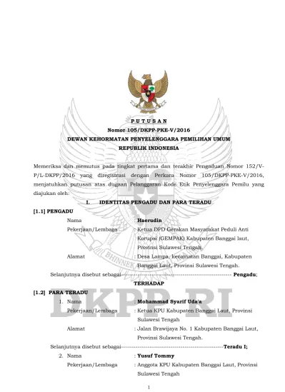 P U T U S A N Nomor Dkpp Pke V Dewan Kehormatan Penyelenggara