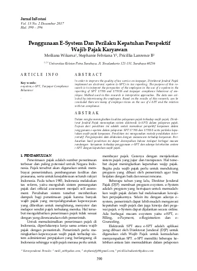 Penggunaan E System Dan Perilaku Kepatuhan Perspektif Wajib Pajak Karyawan