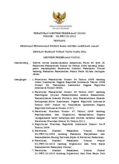 Permen PU No 05 Tahun 2012 Tentang Pedoman Penanaman Pohon Pada Sistem