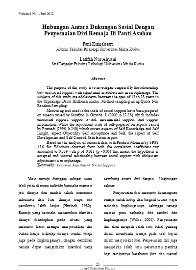 Hubungan Antara Dukungan Sosial Dengan Penyesuaian Diri Remaja Di Panti