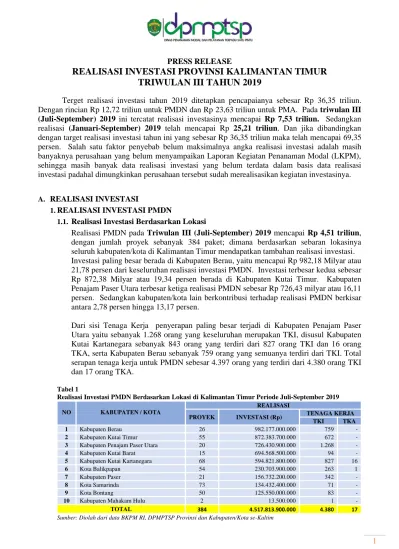 REALISASI INVESTASI PROVINSI KALIMANTAN TIMUR TRIWULAN III TAHUN 2019