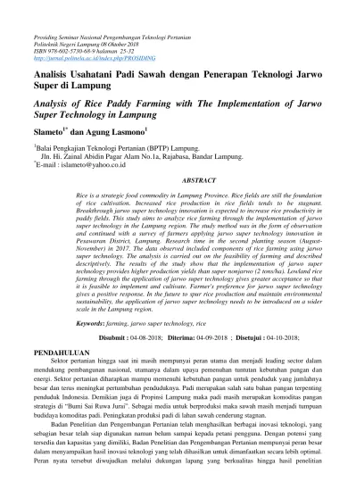 Analisis Usahatani Padi Sawah Dengan Penerapan Teknologi Jarwo Super Di