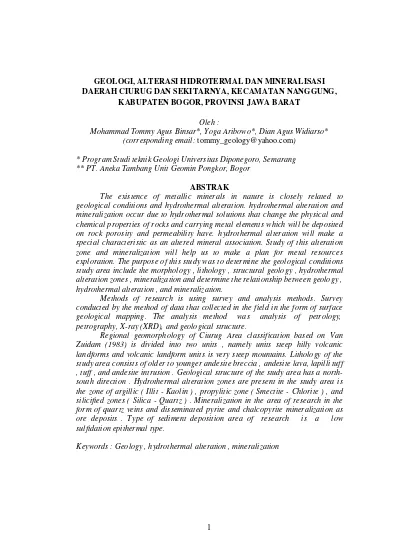 Geologi Alterasi Hidrotermal Dan Mineralisasi Daerah Ciurug Dan