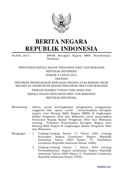 No Berita Negara Republik Indonesia Bpom Kerugian Negara