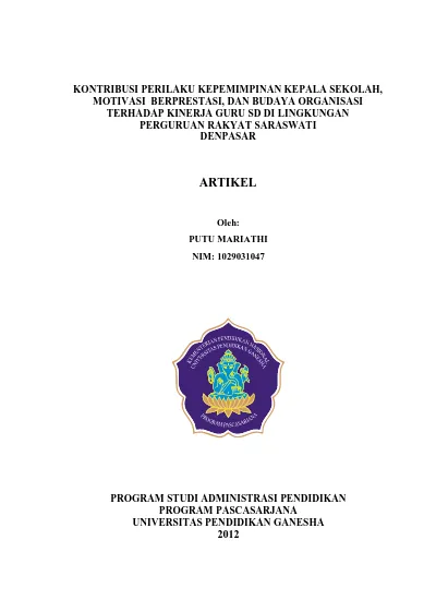 Kontribusi Perilaku Kepemimpinan Kepala Sekolah Motivasi Berprestasi