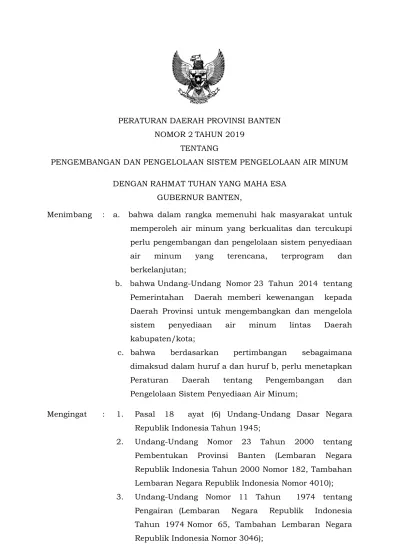 PERATURAN DAERAH PROVINSI BANTEN NOMOR 2 TAHUN 2019 TENTANG