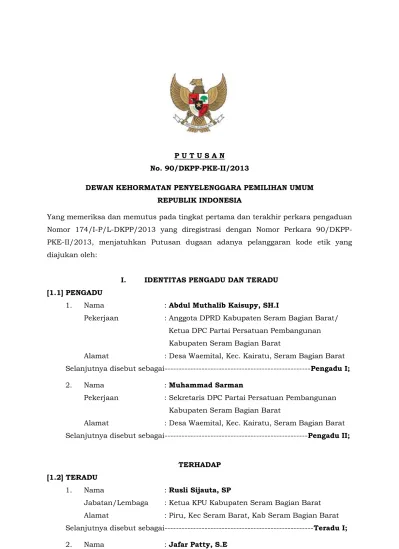 P U T U S A N No Dkpp Pke Ii Dewan Kehormatan Penyelenggara