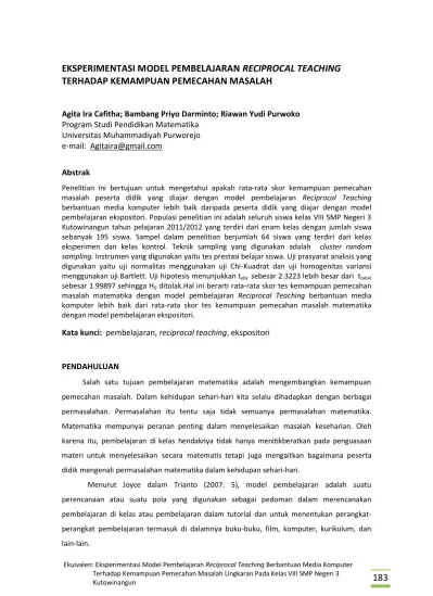 EKSPERIMENTASI MODEL PEMBELAJARAN RECIPROCAL TEACHING TERHADAP