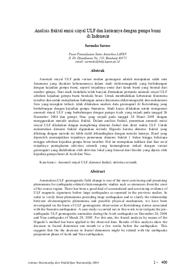 Analisis Fraktal Emisi Sinyal Ulf Dan Kaitannya Dengan Gempa Bumi Di