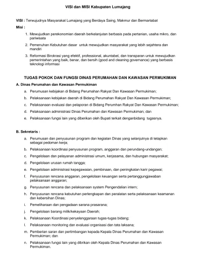 Visi Dan Misi Kabupaten Lumajang Tugas Pokok Dan Fungsi Dinas Perumahan