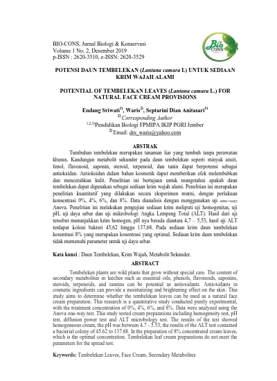 Potensi Daun Tembelekan Lantana Camara L Untuk Sediaan Krim Wajah Alami