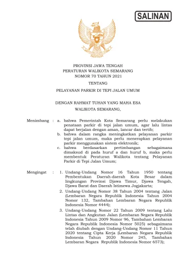 Provinsi Jawa Tengah Peraturan Walikota Semarang Nomor Tahun