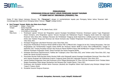 PENGUMUMAN RINGKASAN RISALAH RAPAT UMUM PEMEGANG SAHAM TAHUNAN PT BANK