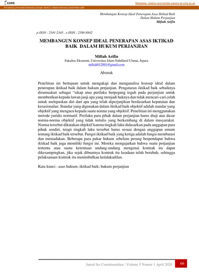 Membangun Konsep Ideal Penerapan Asas Iktikad Baik Dalam Hukum Perjanjian