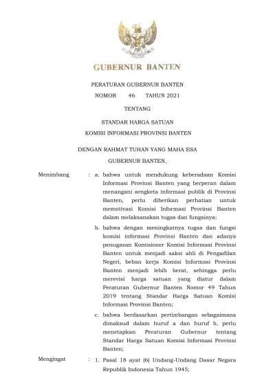 Peraturan Gubernur Banten Nomor Tahun Tentang Standar Harga