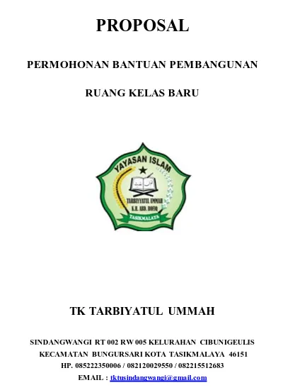 PROPOSAL PERMOHONAN BANTUAN PEMBANGUNAN RUANG KELAS BARU TK TARBIYATUL