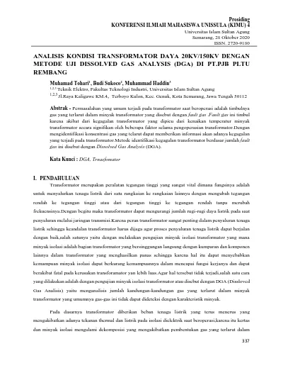 Analisis Kondisi Transformator Daya Kv Kv Dengan Metode Uji