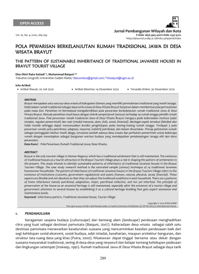 POLA PEWARISAN BERKELANJUTAN RUMAH TRADISIONAL JAWA DI DESA WISATA BRAYUT