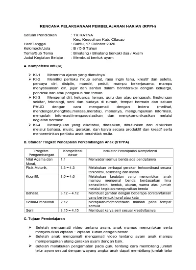 Rencana Pelaksanaan Pembelajaran Harian Rpph Tema Sub Tema Binatang