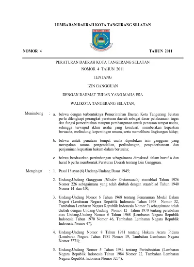 LEMBARAN DAERAH KOTA TANGERANG SELATAN NOMOR 4 TAHUN 2011 PERATURAN