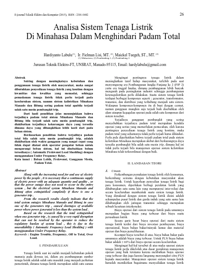 Analisa Sistem Tenaga Listrik Di Minahasa Dalam Menghindari Padam Total