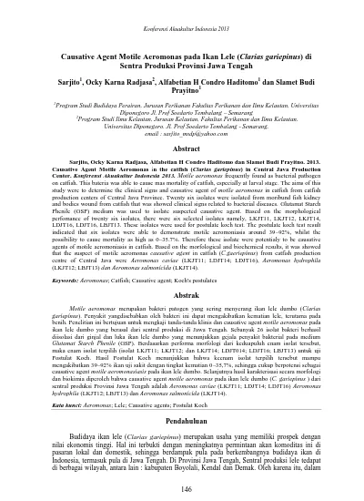 Causative Agent Motile Aeromonas Pada Ikan Lele Clarias Gariepinus Di