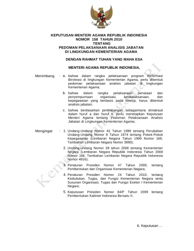 KEPUTUSAN MENTERI AGAMA REPUBLIK INDONESIA NOMOR 158 TAHUN 2010 TENTANG