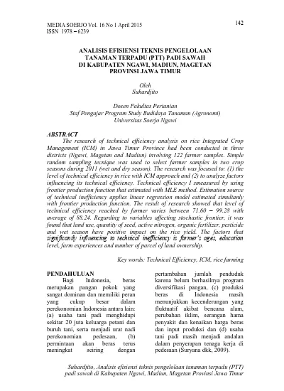 ANALISIS EFISIENSI TEKNIS PENGELOLAAN TANAMAN TERPADU PTT PADI SAWAH