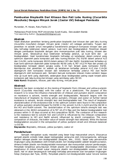 Pembuatan Bioplastik Dari Kitosan Dan Pati Labu Kuning Cucurbita