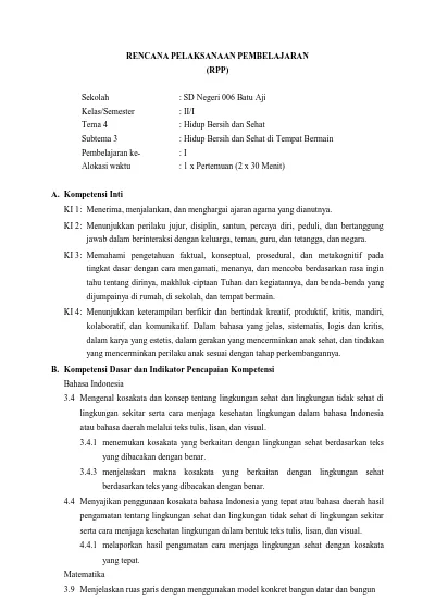 RENCANA PELAKSANAAN PEMBELAJARAN RPP Hidup Bersih Dan Sehat Hidup