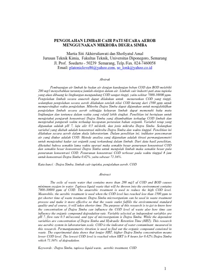 Pengolahan Limbah Cair Pati Secara Aerob Menggunakan Mikroba Degra Simba
