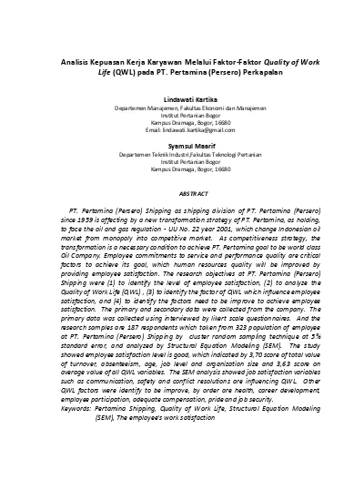 Analisis Kepuasan Kerja Karyawan Melalui Faktor Faktor Quality Of Work