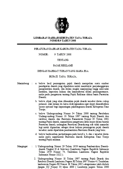 LEMBARAN DAERAH KEBUPATEN TANA TORAJA NOMOR 9 TAHUN 2008 PERATURAN