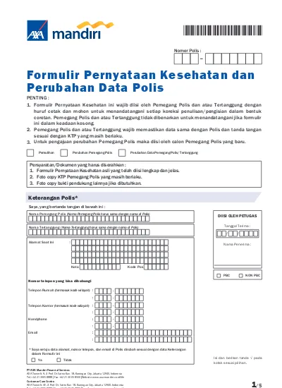 Formulir Pernyataan Kesehatan Dan Perubahan Data Polis Penting