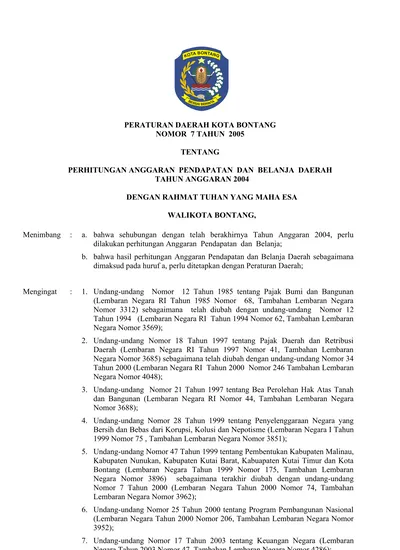 PERATURAN DAERAH KOTA BONTANG NOMOR 7 TAHUN 2005 TENTANG PERHITUNGAN