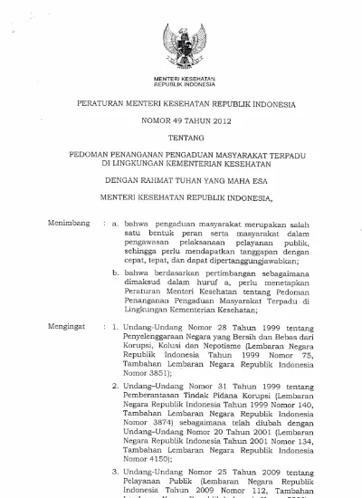 Peraturan Menteri Kesehatan Republik Indonesia Nomor 49 Tahun 2012