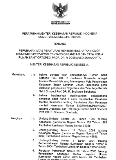 Peraturan Menteri Kesehatan RI Nomorr 256 MENKES PER III 2008 Tentang