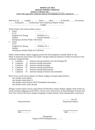 BERITA ACARA SERAH TERIMA JABATAN KEPALA SEKOLAH