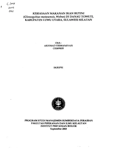 Kebiasaan Makanan Ikan Butini Glossogobius Matanensis Weber Di Danau