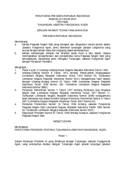 Peraturan Presiden Republik Indonesia Nomor 48 Tahun 2007 Tentang