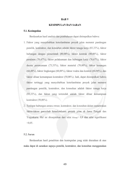 KESIMPULAN DAN SARAN ANALISIS FAKTOR FAKTOR KETERLAMBATAN PROYEK JALAN